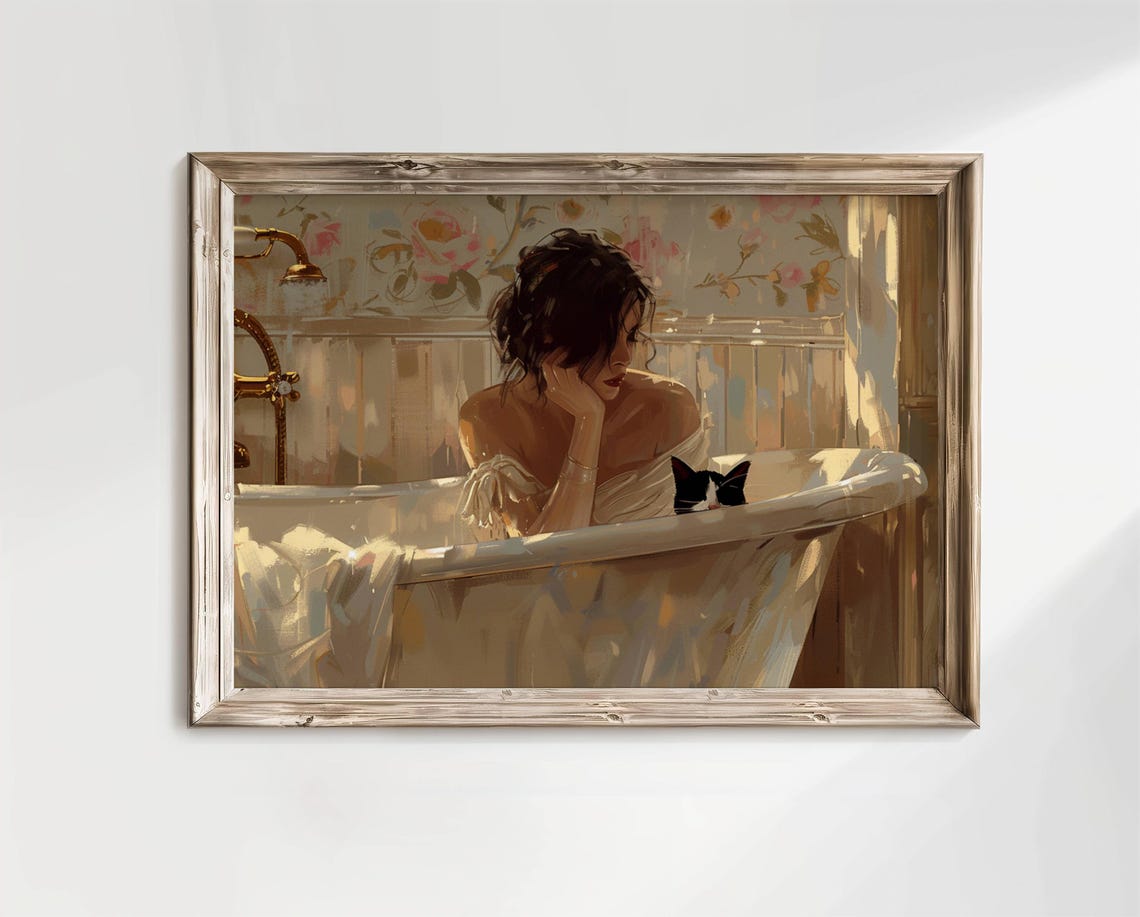 Woman Relaxing in a Bathtub With a Black and White Cat Poster