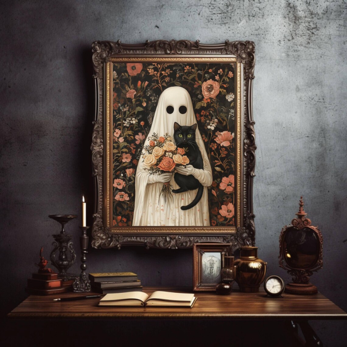 Ghost And Black Cat With Rose Bouquet, Whimsigoth Poster - Image 3