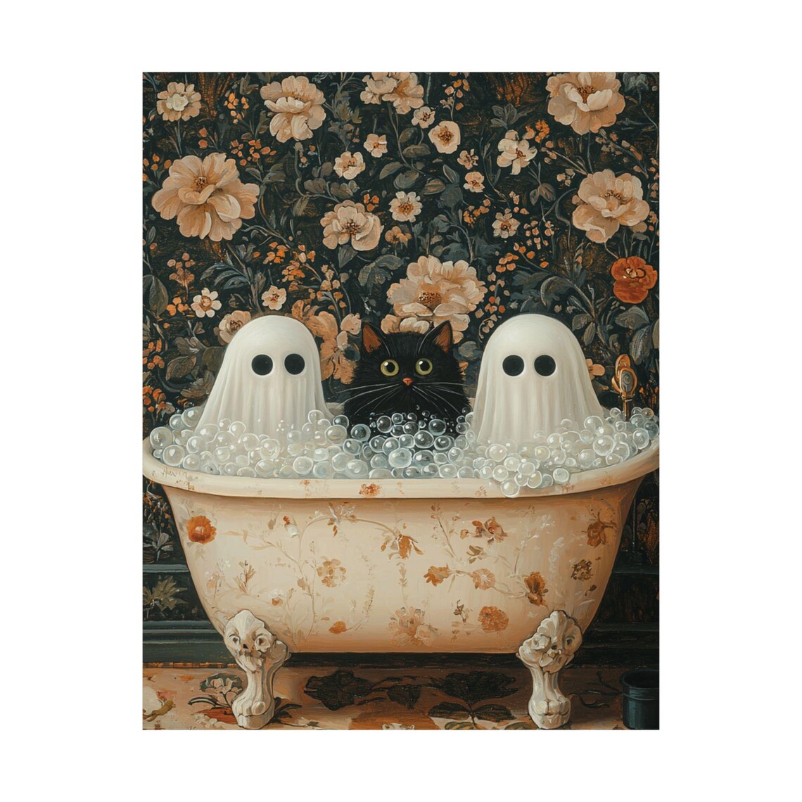 Ghosts And Cat in Bathtub, Halloween Art Print - Image 2
