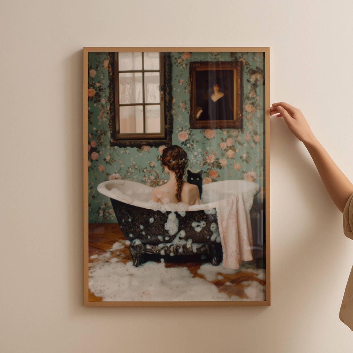 Woman in a Bubble Bath With a Black Cat Vintage Bathroom Poster - Image 3