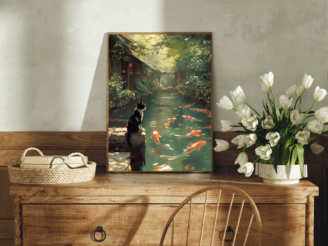 Cat and Koi Pond Cat Art Print, Cats & Wildlife - Image 4