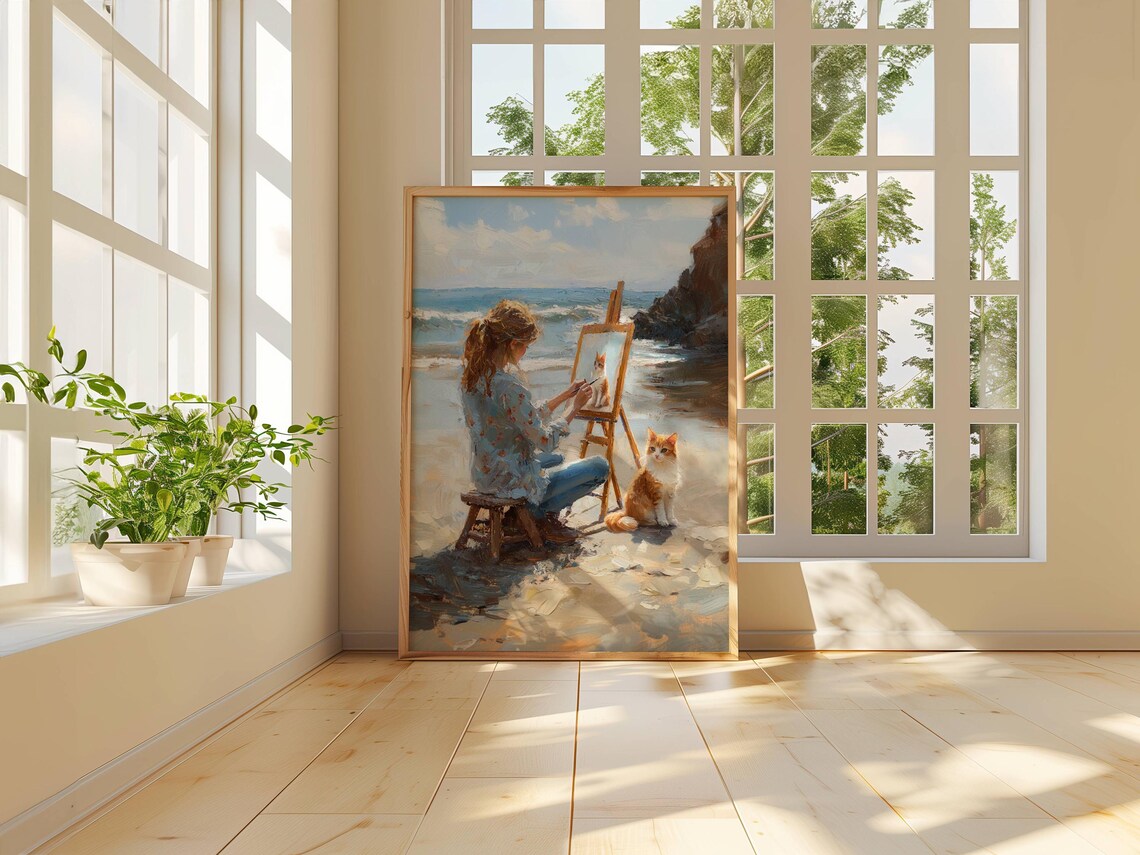 Woman Painting a Ginger Cat on a Sunny Beach Plein Air Art Poster - Image 2