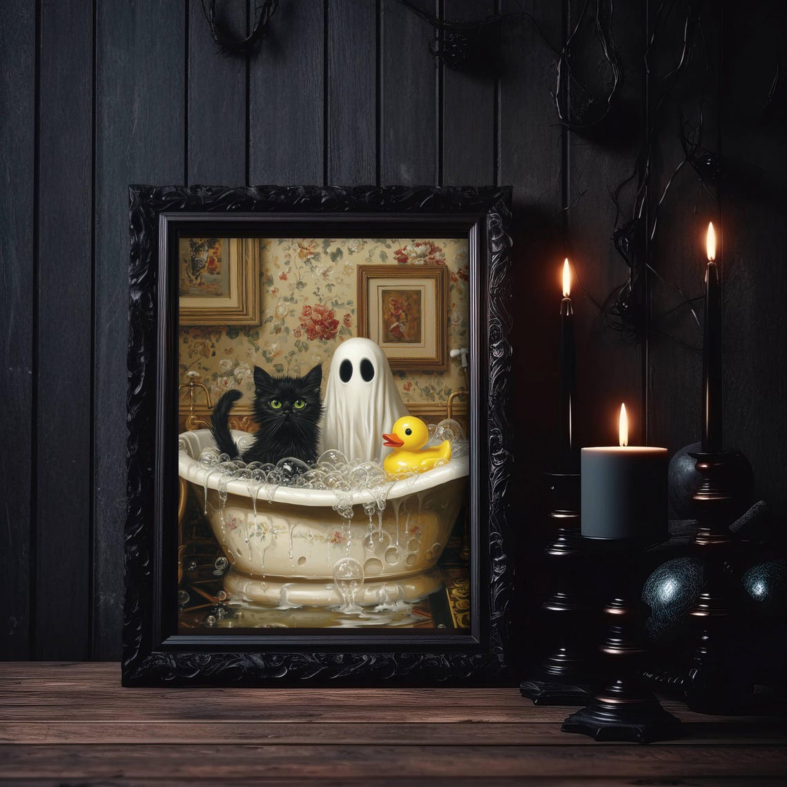 Ghost Black Cat and Rubber Duck in an Overflowing Bubble Bath Poster - Image 4