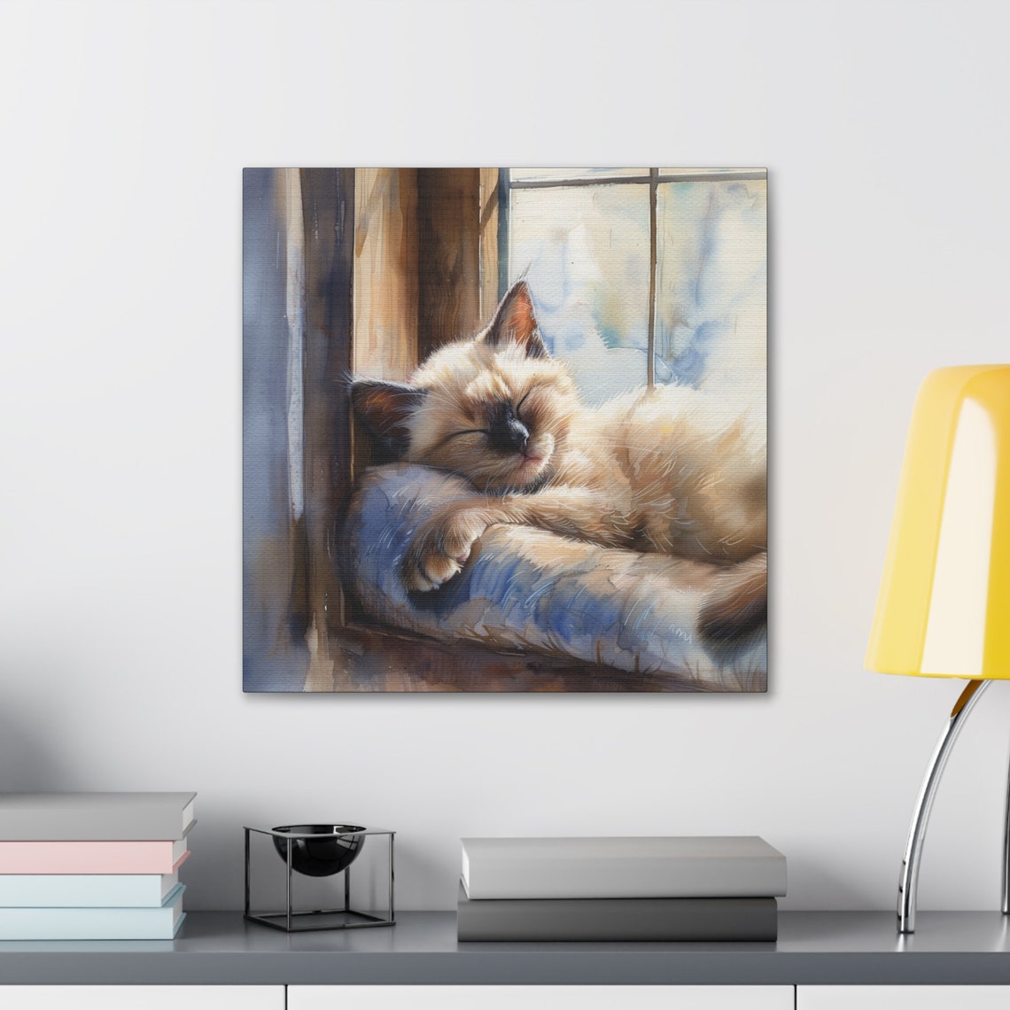 Siamese Kitten Sleeping on Windowsill Cushion Watercolor Poster - Image 3