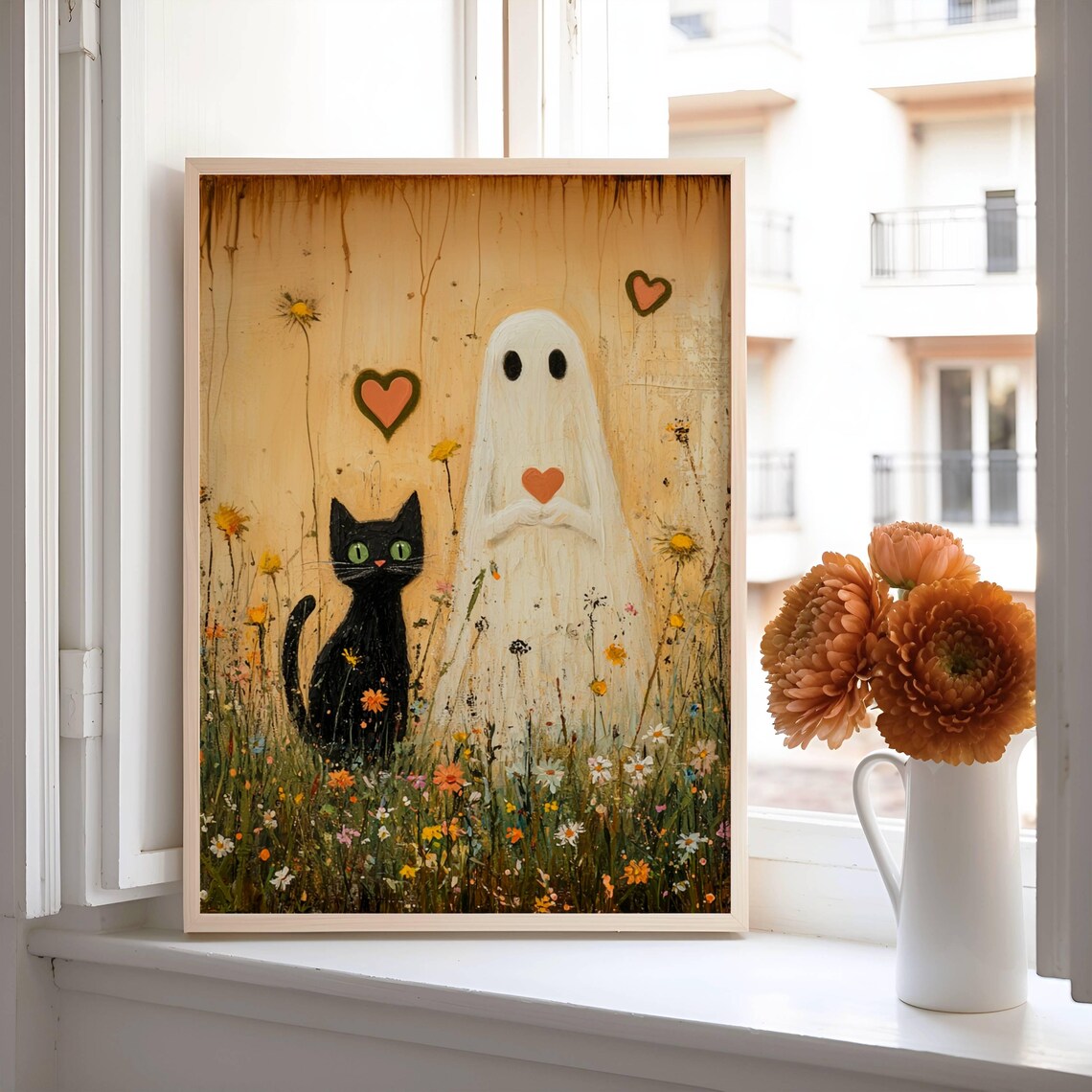 Gentle Ghost Holding a Heart Beside a Black Cat in a Golden Meadow Poster