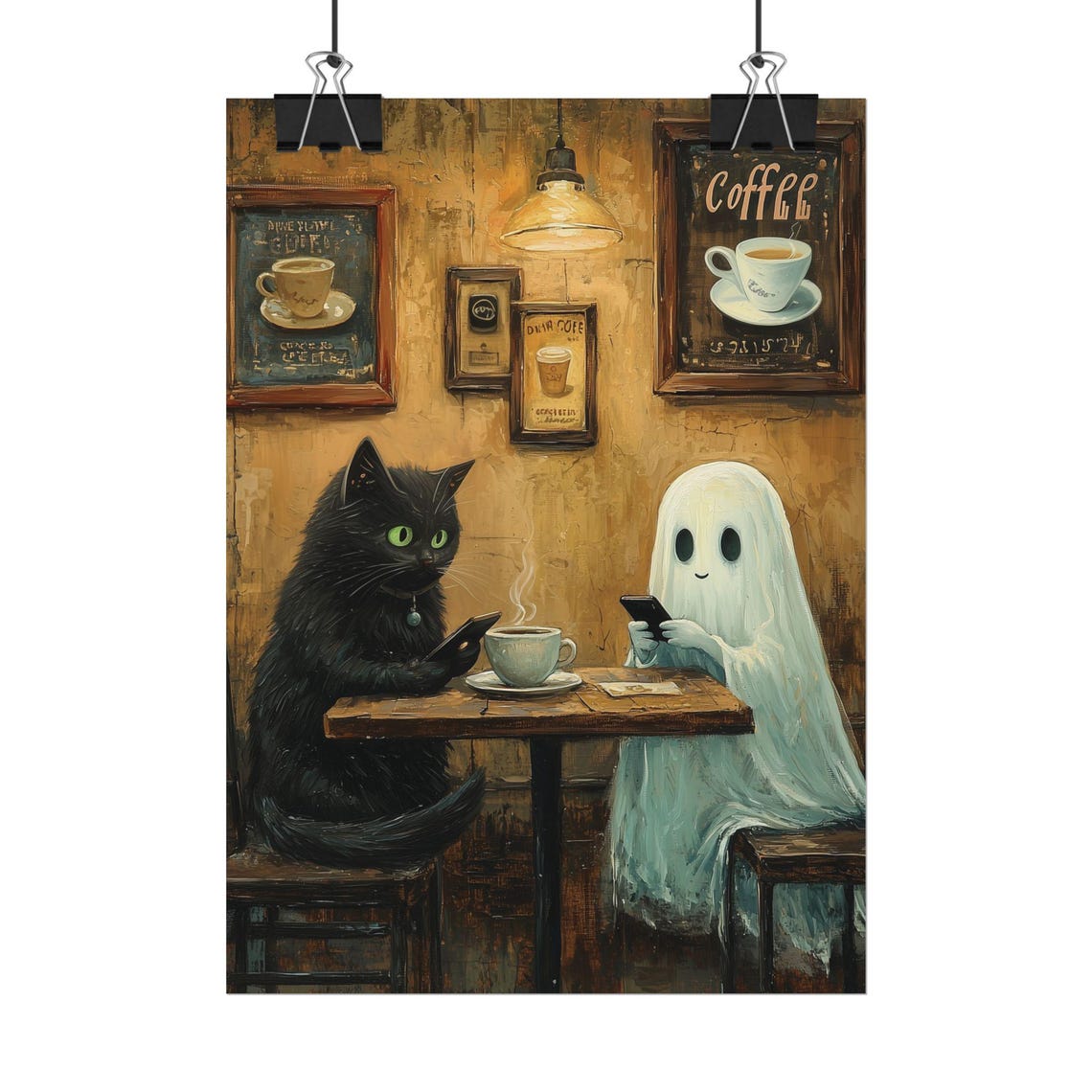 Ghost and Black Cat Checking Phones at a Rustic Coffee Shop Poster - Image 3