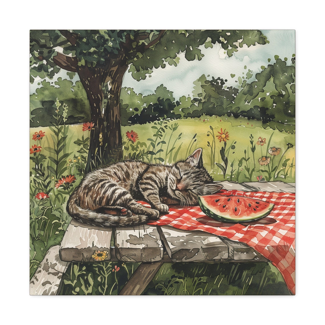 Tabby Cat Napping on Picnic Table With Watermelon Summer Poster - Image 2