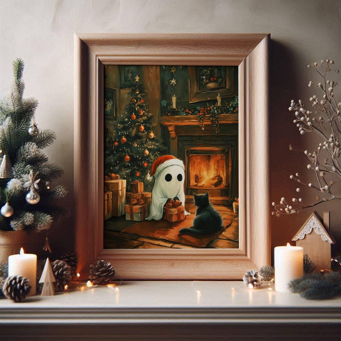 Ghost and Black Cat Christmas Poster, Spooky Holiday Art - Image 7