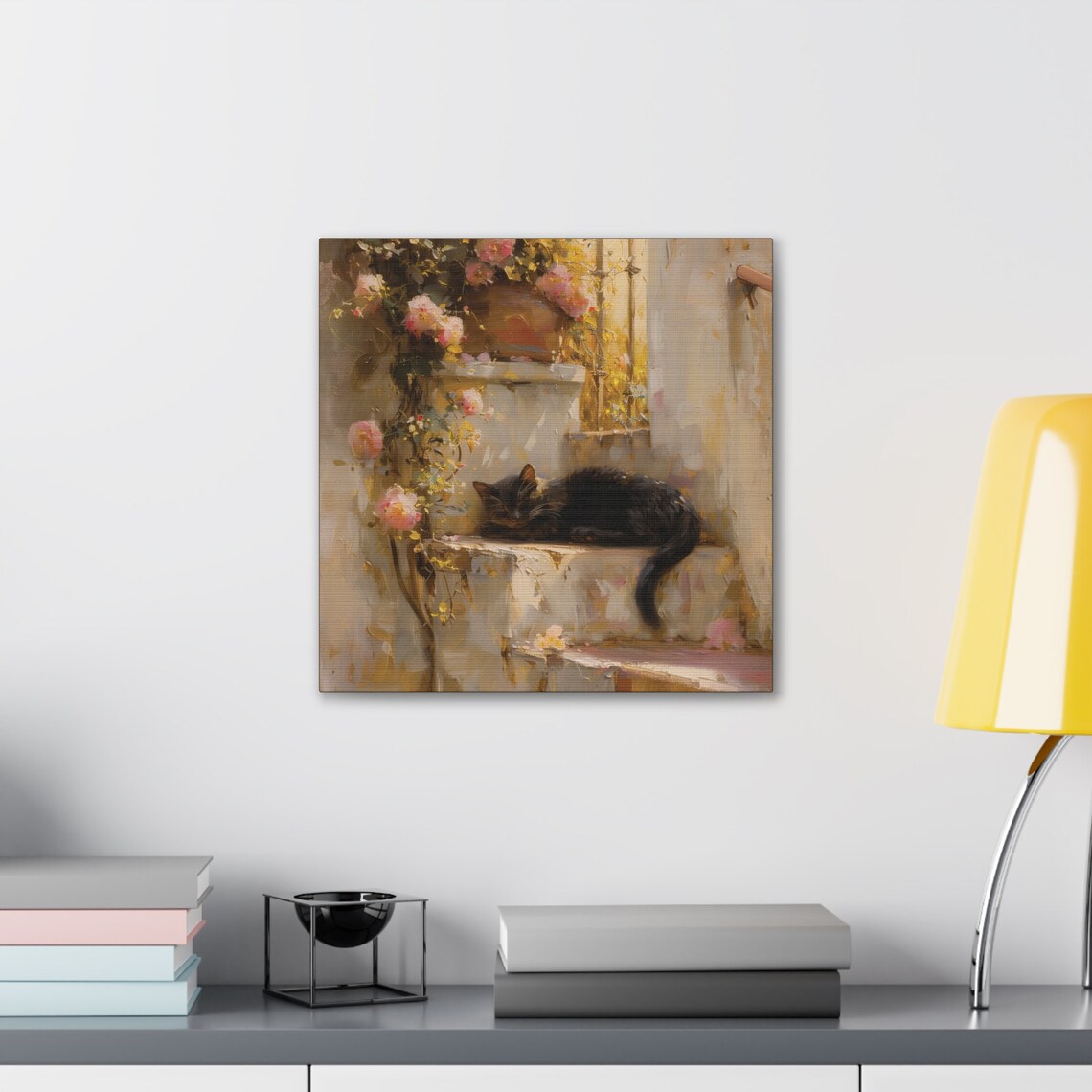 Black Cat Sleeping on Stone Steps With Pink Flowers Impressionist Poster - Image 5