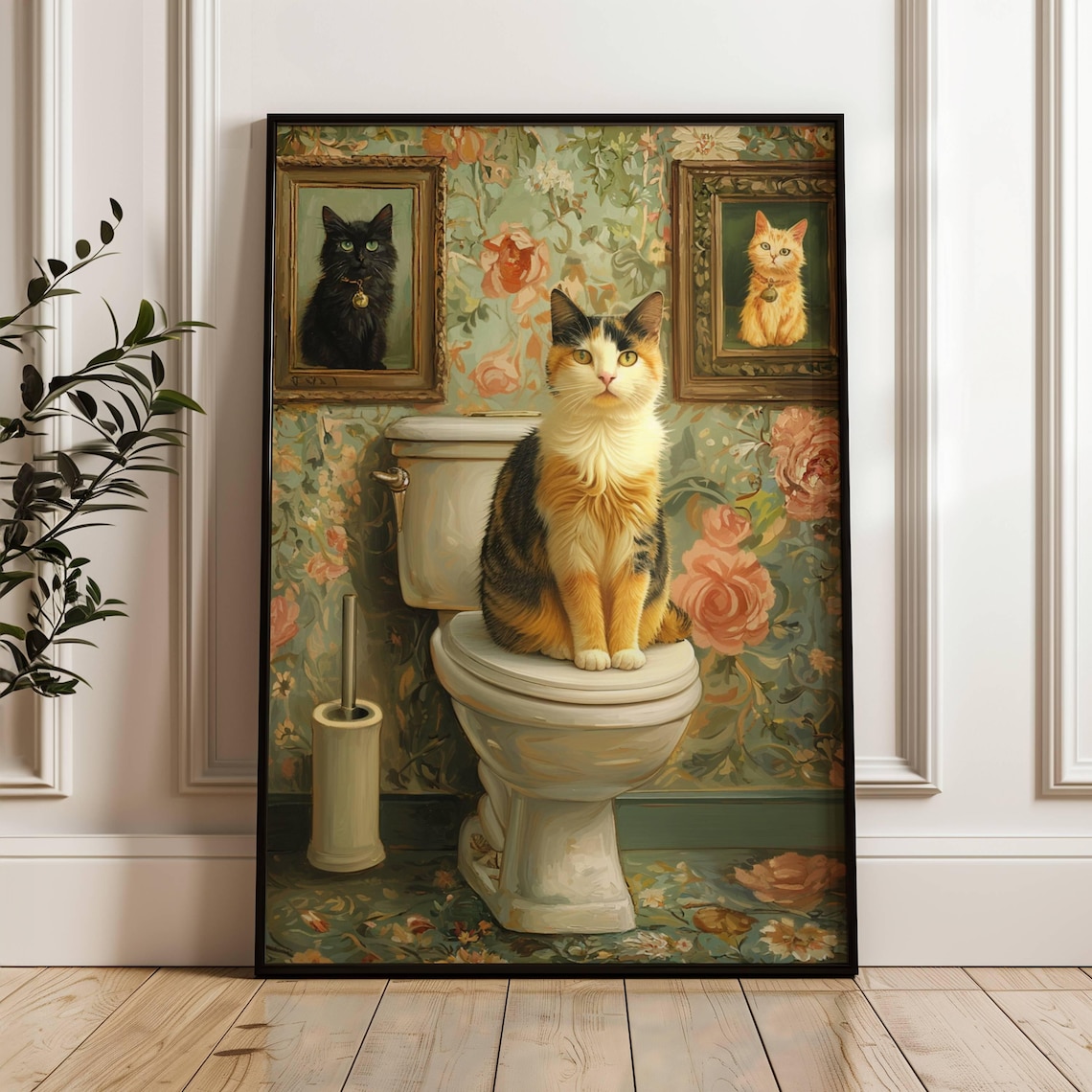 Calico Cat On Toilet Poster, Vintage Floral Decor