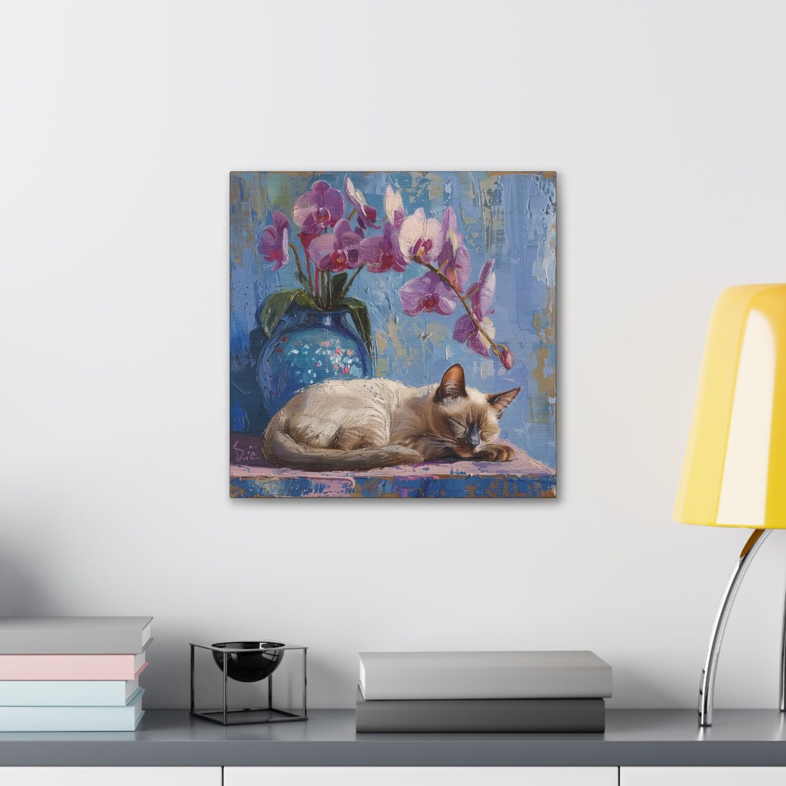 Siamese Cat Sleeping by a Blue Vase of Pink Orchid Blooms Poster - Image 3