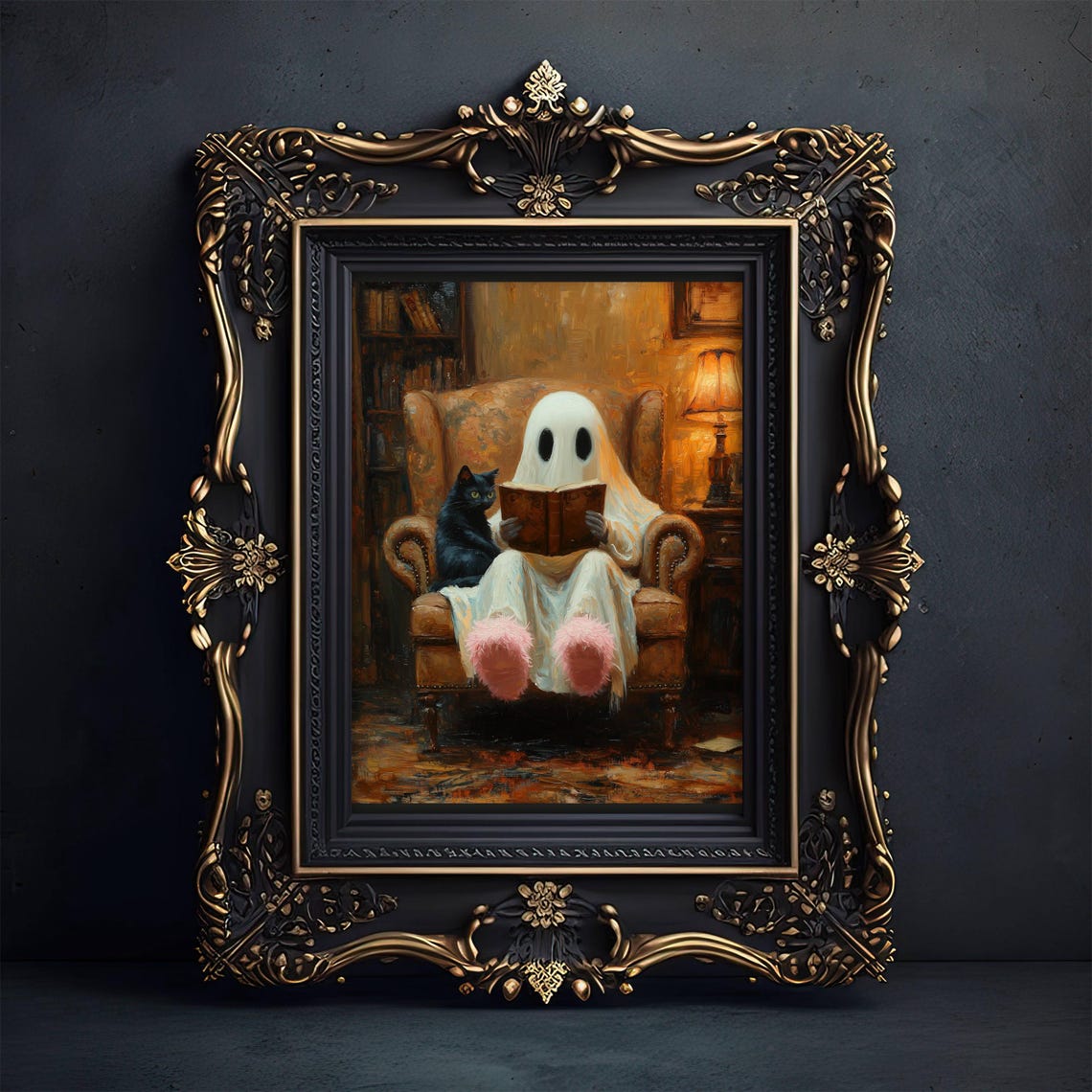 Ghost in Pink Slippers Reading With a Black Cat in an Armchair Poster - Image 5