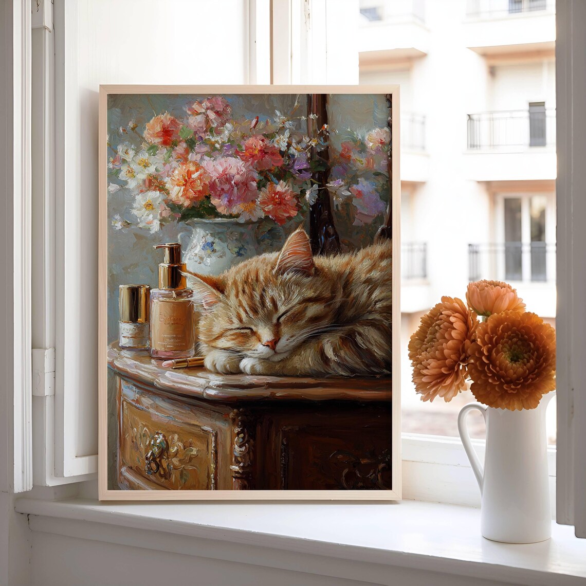 Ginger Cat On Vanity With Spring Flowers Poster