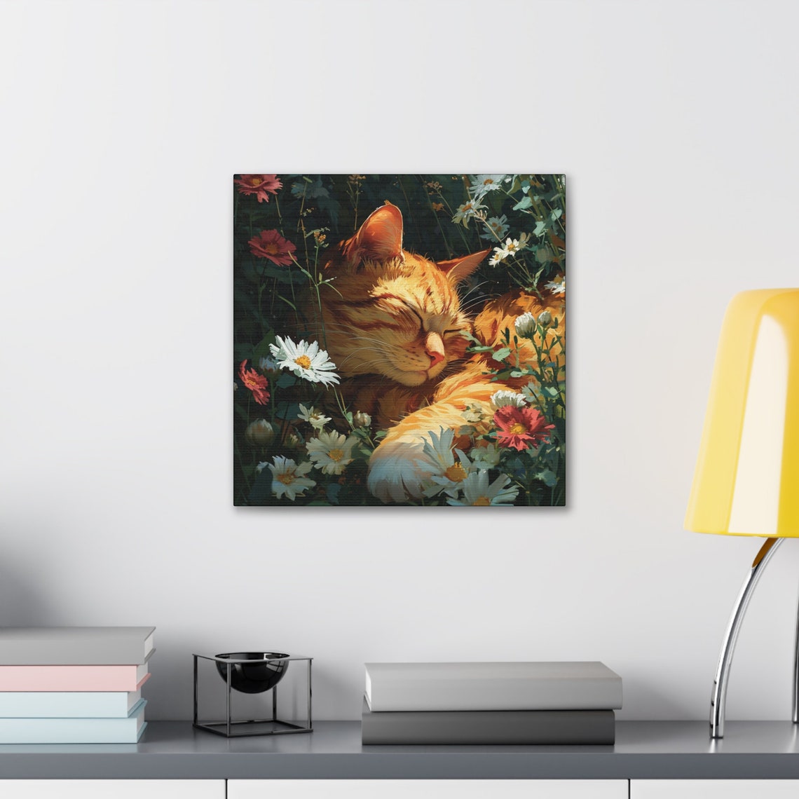 Orange Tabby Cat Asleep in a Daisy Filled Wildflower Garden Poster - Image 3
