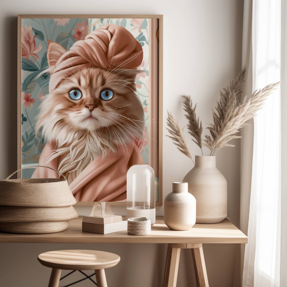 Fluffy Cream Cat Wearing a Spa Towel Wrap in a Cute Bathroom Poster - Image 2