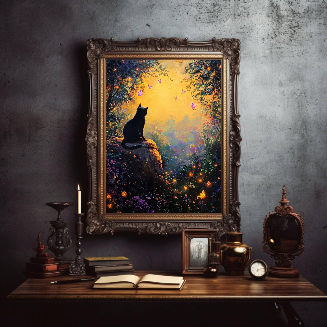 Black Cat Silhouette on a Rock in a Glowing Golden Sunset Forest Scene Poster - Image 7