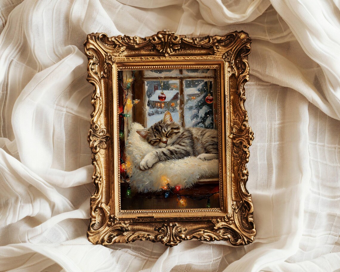 Gray Tabby Cat Christmas Poster, Festive Holiday Decor - Image 2