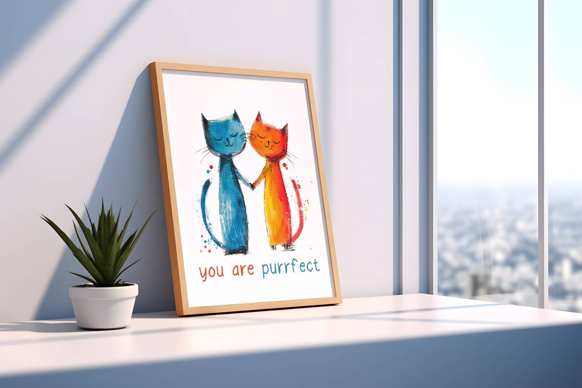 Two Sweet Watercolor Cats Holding Paws 'You Are Purrfect' Poster - Image 2