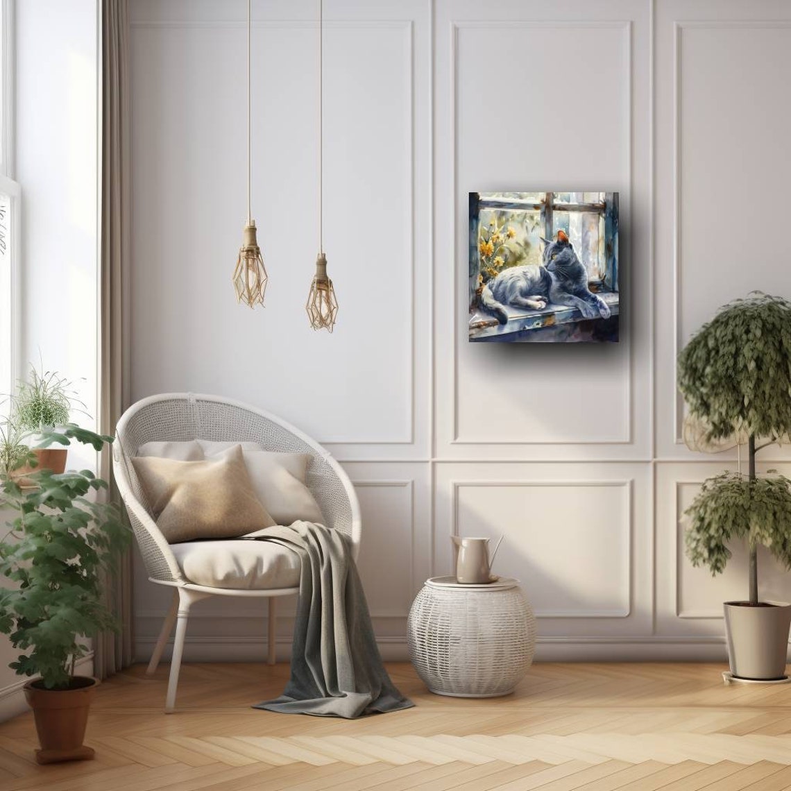 Russian Blue Gray Cat Lounging on Sunny Windowsill Watercolor Poster - Image 7