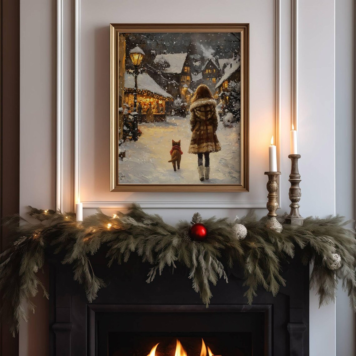 Christmas Woman and Cat Walking in the Snow Art Print - Image 2