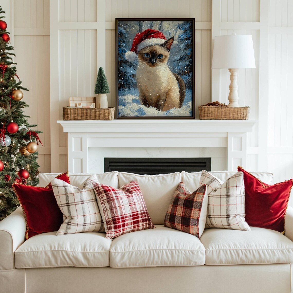 Siamese Kitten In Santa Hat Christmas Art Print - Image 2