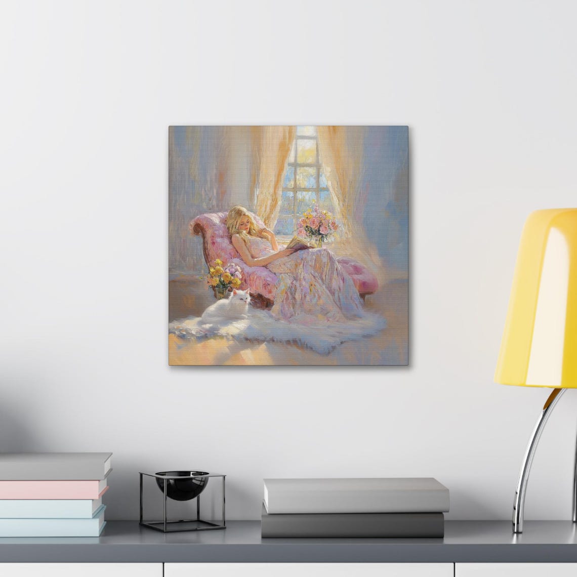 Woman Reading on a Chaise Lounge with a White Cat Sunlit Poster - Image 3