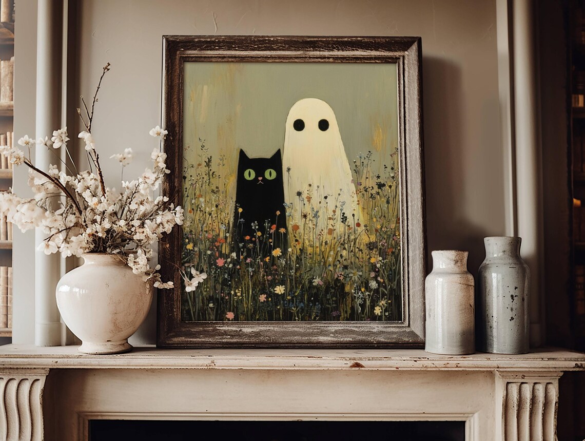 Black Cat and Ghost in Wildflowers, Whimsigoth Poster - Image 7