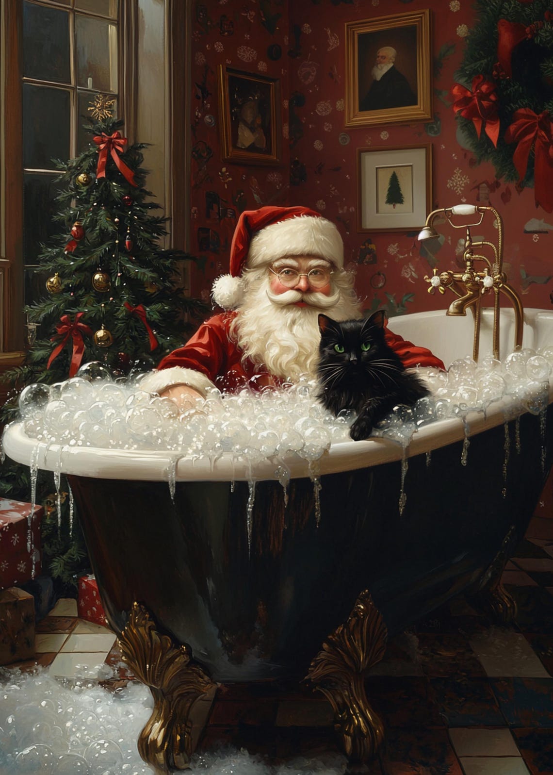 Santa Claus Taking a Bubble Bath With a Black Cat Christmas Poster - Image 4