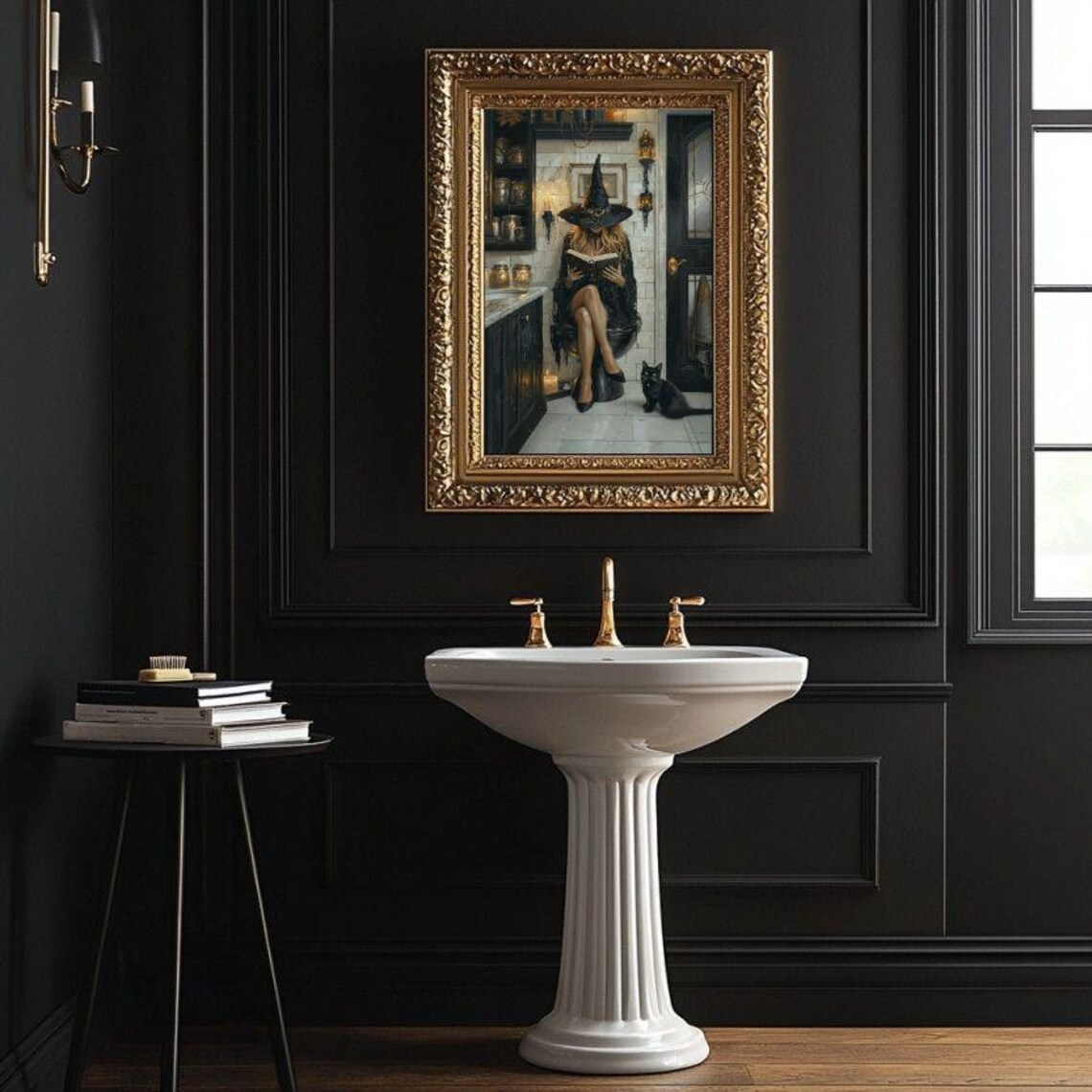 Witch Reading in Bathroom, Whimsigoth Cat Art Print - Image 5