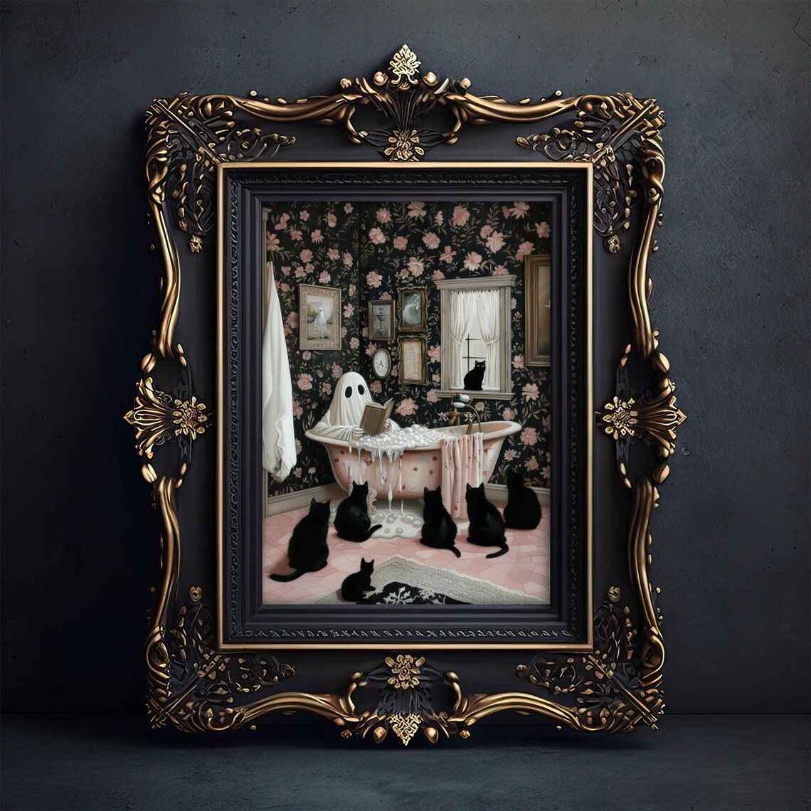Ghost Reading to Black Cats, Spooky Cute Art Print - Image 2