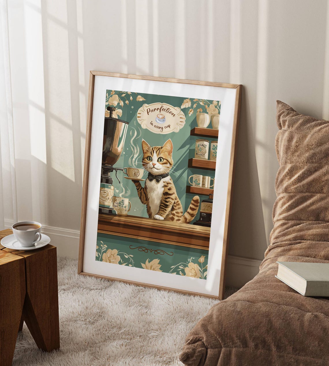 Dapper Tabby Cat Barista in a Bow Tie Serving a Steaming Latte Poster - Image 7