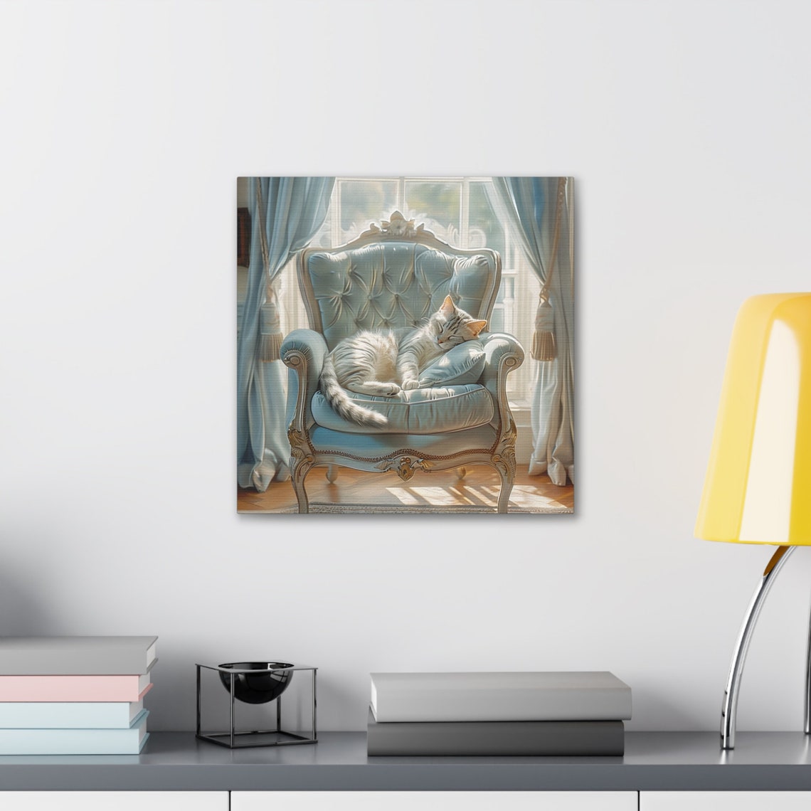 Sleeping Silver Tabby Cat Curled on a Blue Tufted Chair Poster - Image 3