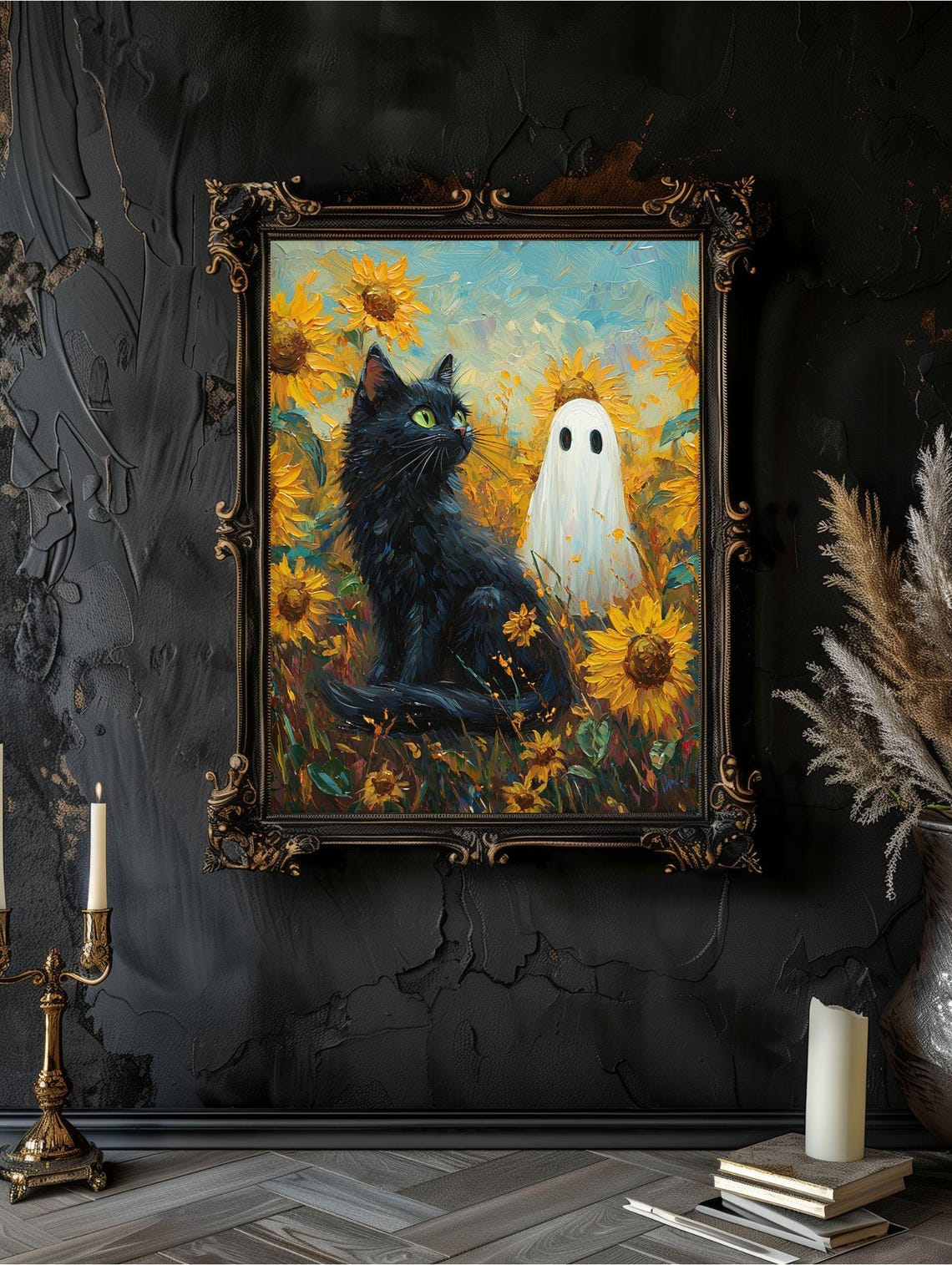 Black Cat and Ghost Standing in a Bright Sunflower Field Poster - Image 7