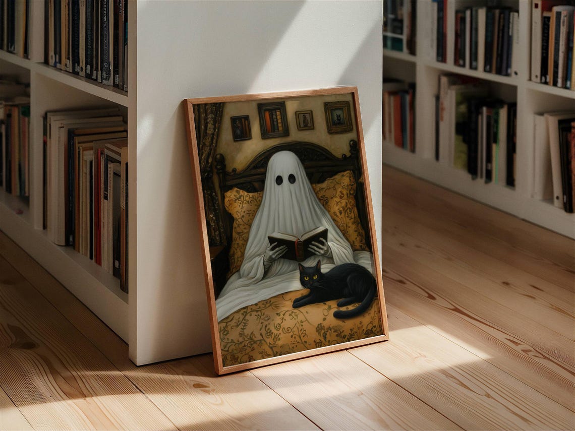 Ghost Reading In Bed With A Black Cat Funny Dark Academia Poster - Image 7