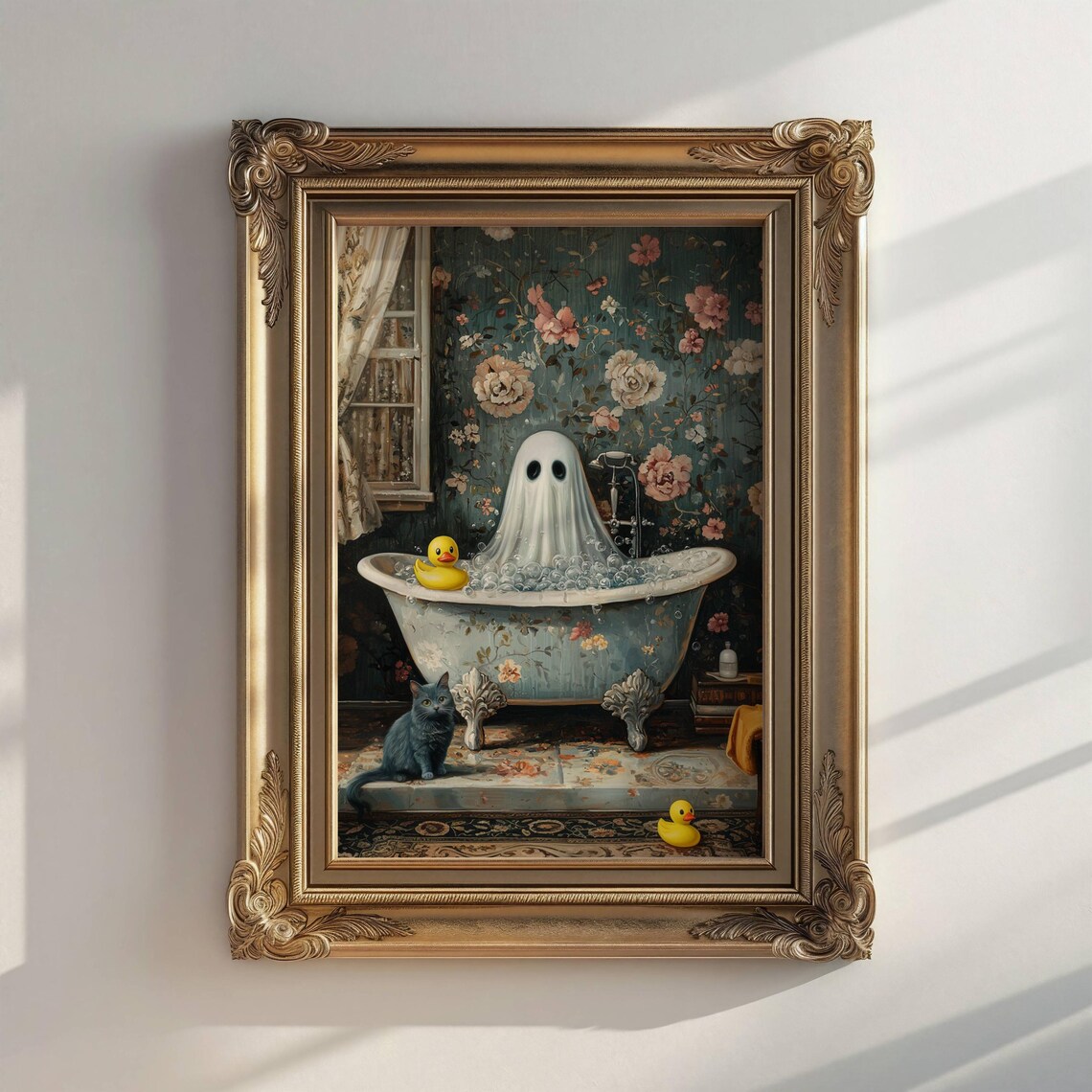 Ghost With Rubber Duck Bath Art, Gray Cat Print - Image 3