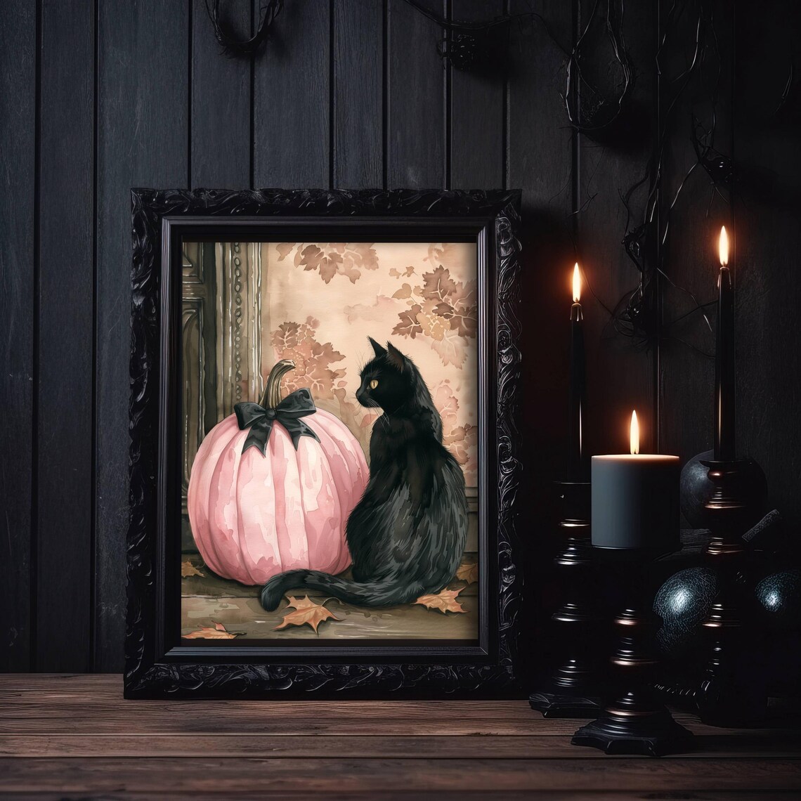 Coquette Black Cat and Pink Pumpkin Whimsigoth Art Print - Image 6