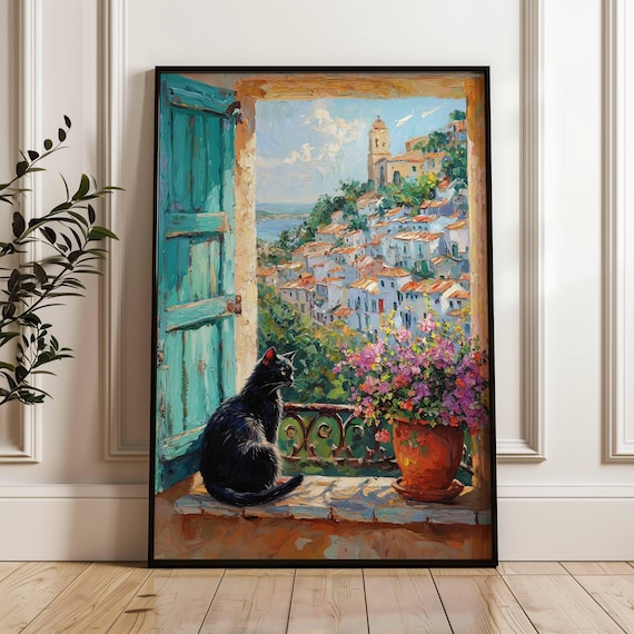 Black Cat on a Balcony Overlooking a Coastal Village Teal Window Poster