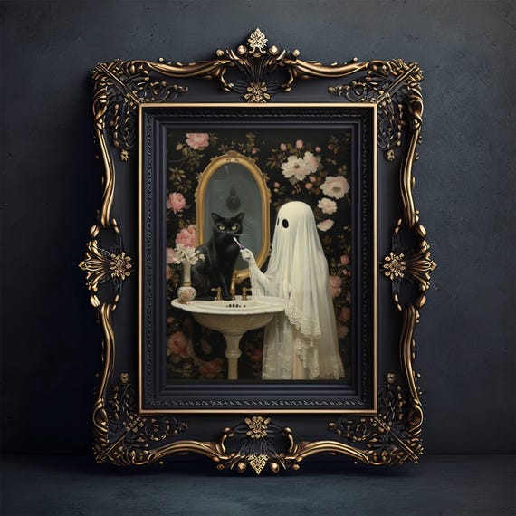 Ghost And Black Cat Bathroom, Whimsigoth Poster Print