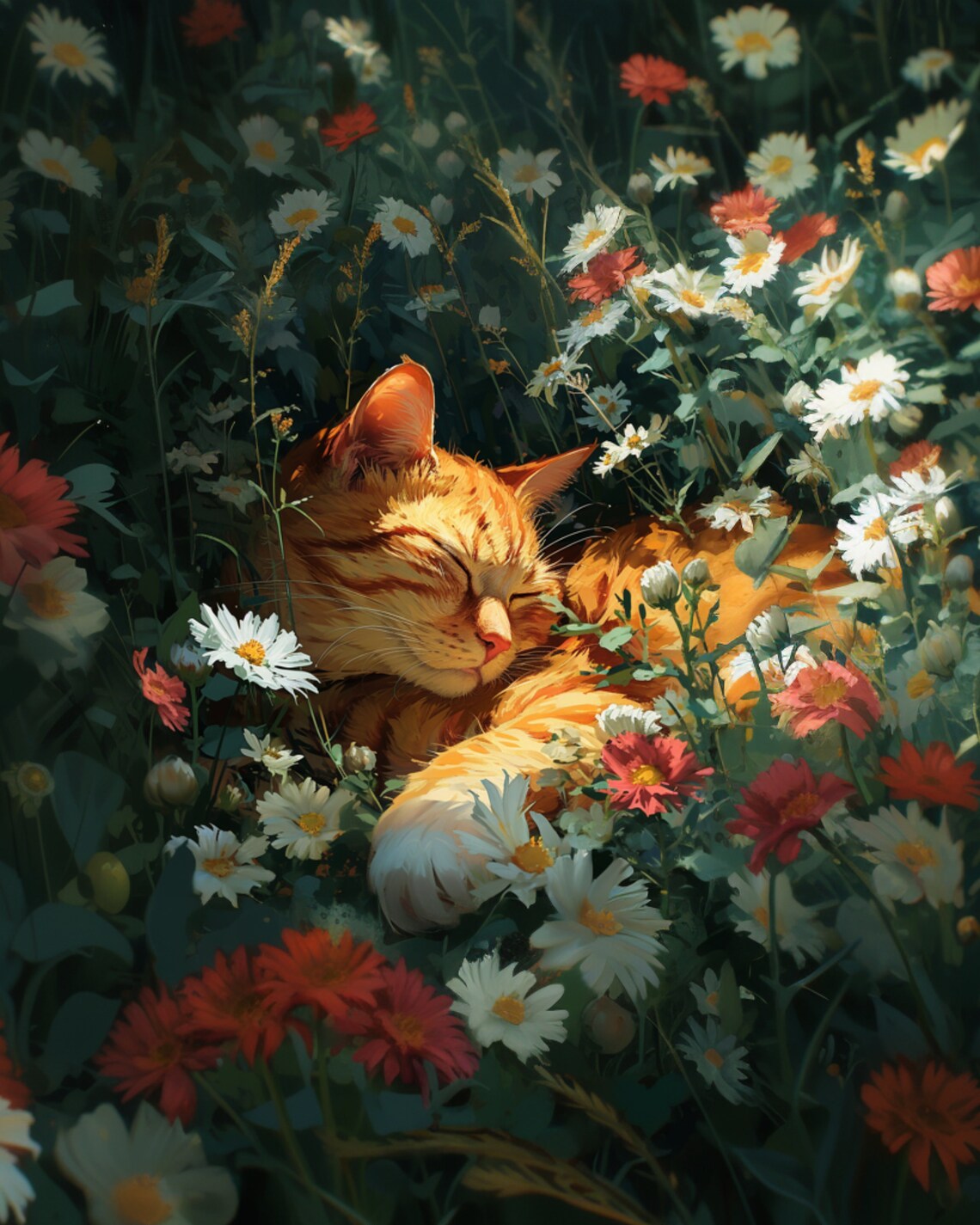 Orange Cat Sleeping in Meadow of Daisies and Red Wildflowers Poster - Image 6