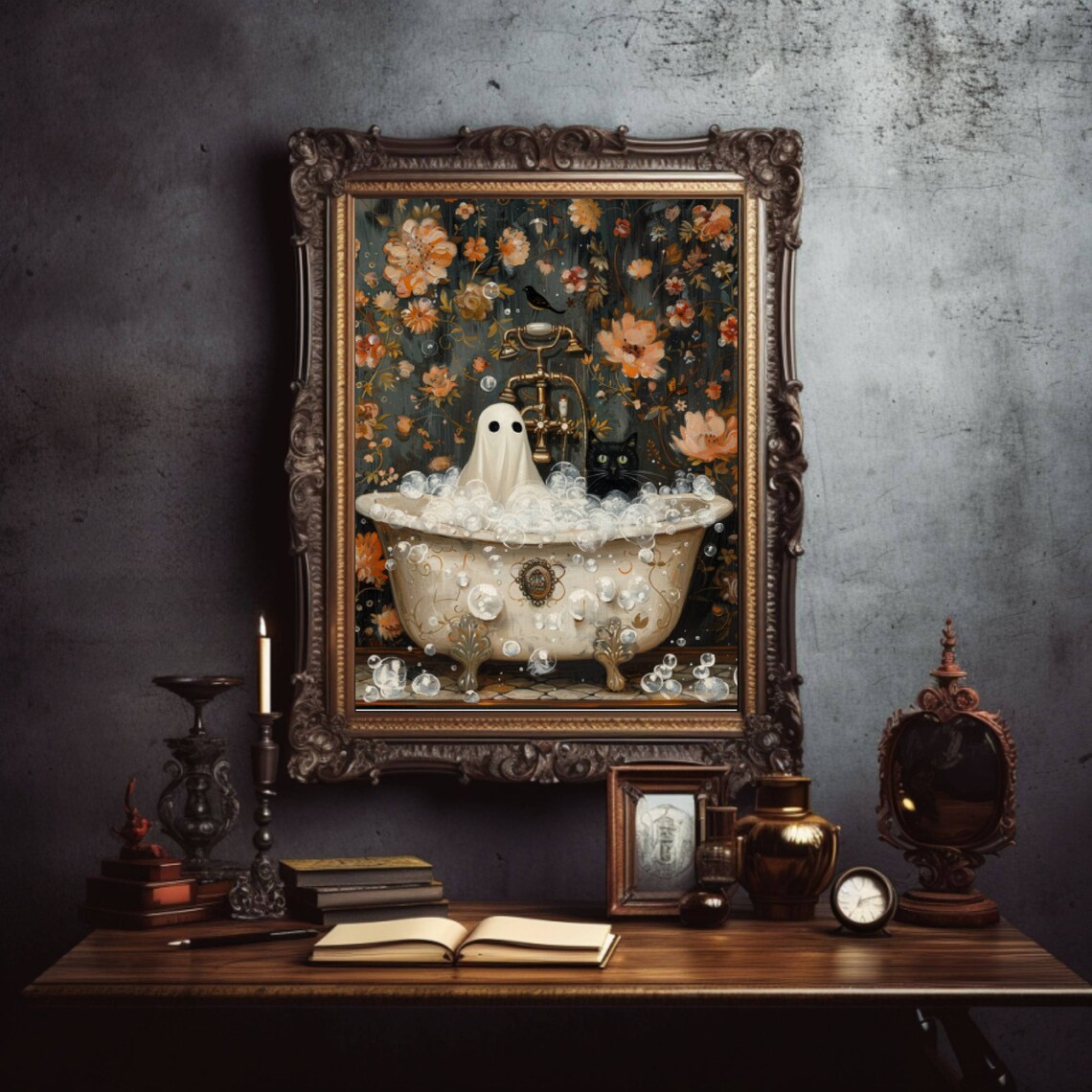 Ghost And Cat In Bathtub Halloween Poster Print - Image 5