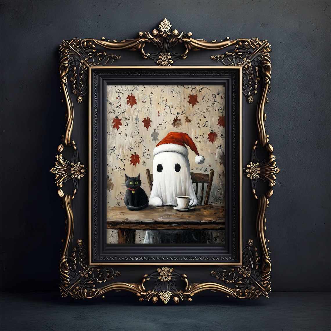 Christmas Ghost and Black Cat, Whimsigoth Art Print