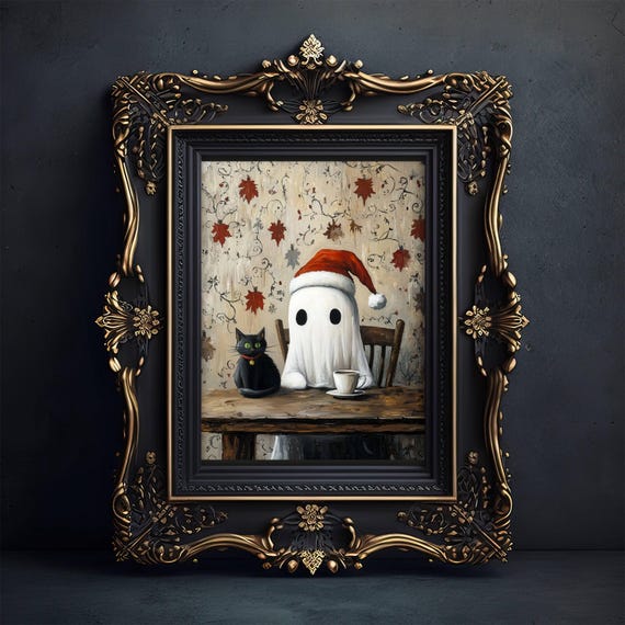 Christmas Ghost and Black Cat, Whimsigoth Art Print