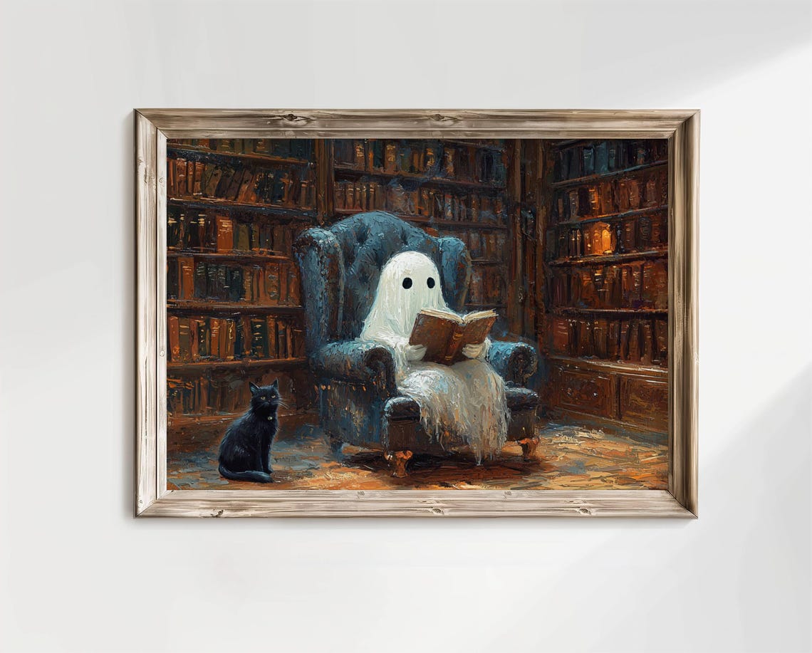 Sweet Ghost Reading a Book in a Cozy Candlelit Library Armchair Poster - Image 2