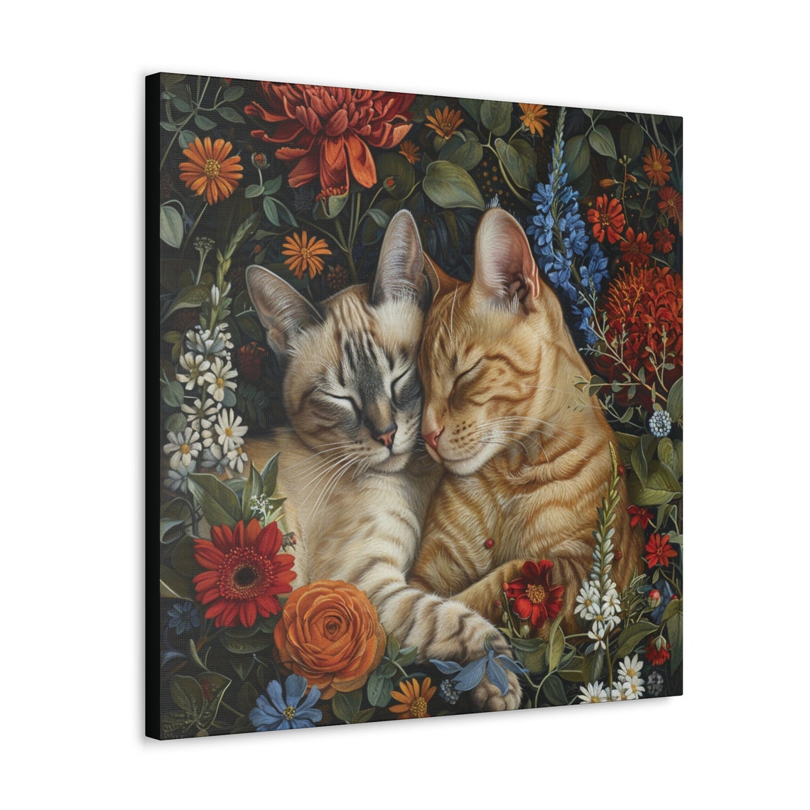 Two Cuddling Cats Napping Among Vibrant Wildflower Blooms Poster - Image 6