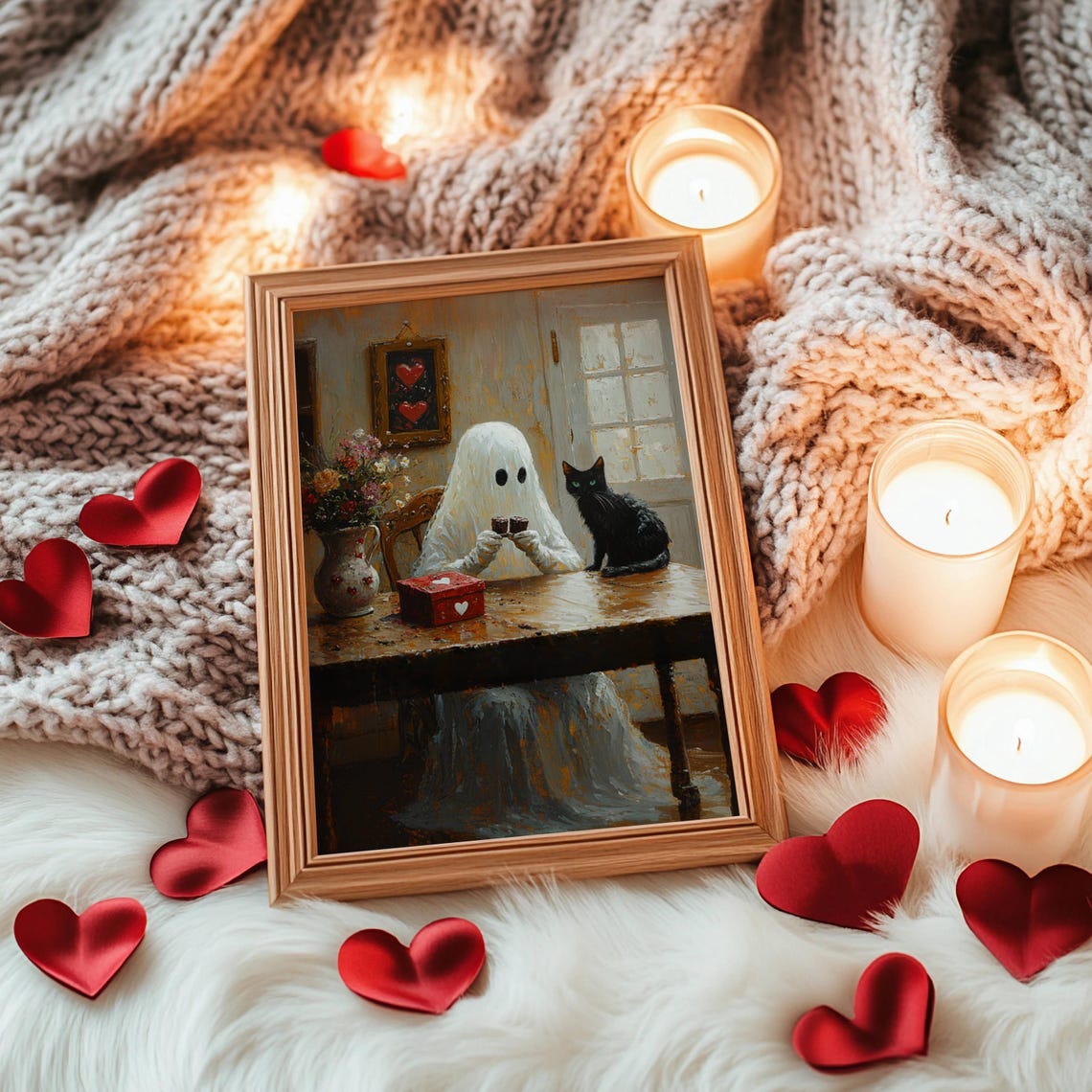 Ghost Sharing Valentine Chocolates with Black Cat Whimsical Poster - Image 2