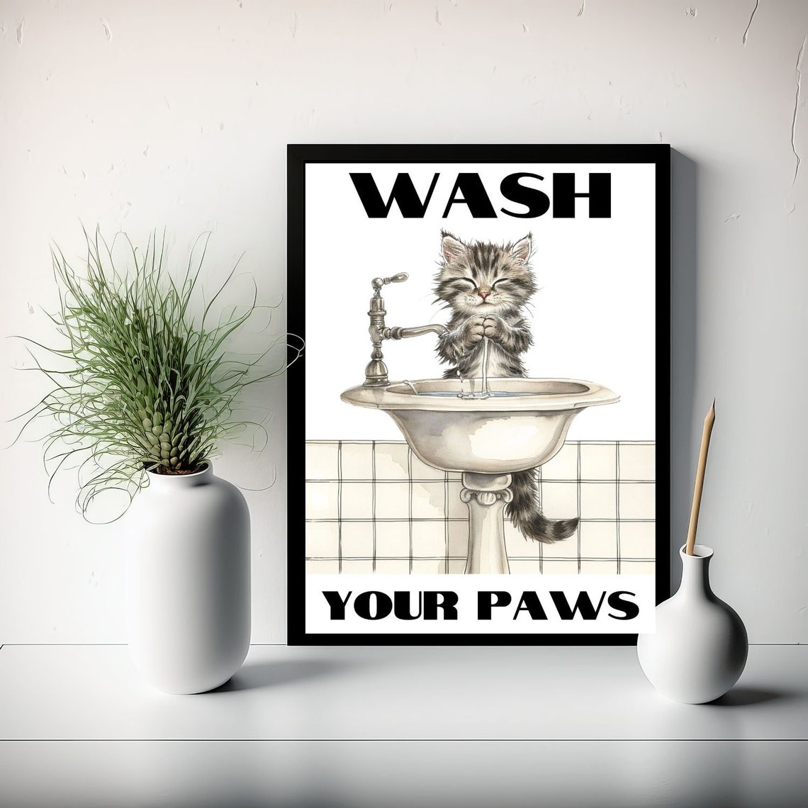 Cute Kitten Washing Its Paws 'Wash Your Paws' Bathroom Humor Poster - Image 5