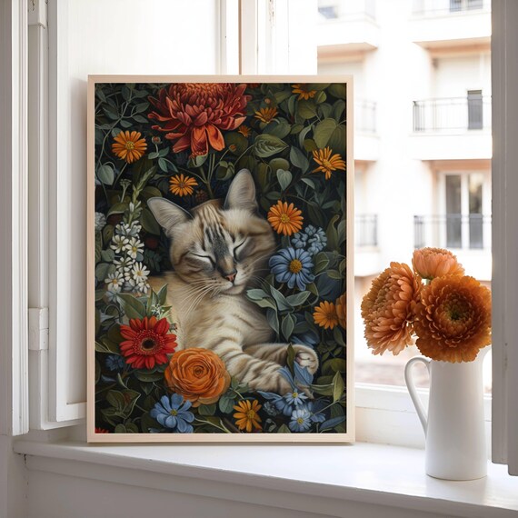 Sleeping Lynx Point Siamese Cat in a Botanical Wildflower Poster