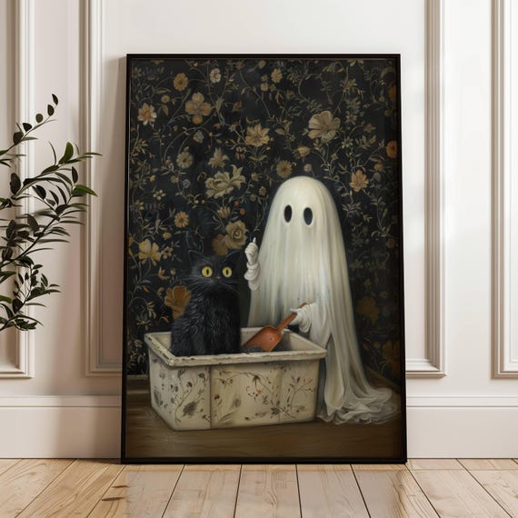 Funny And Cat Litter Box Poster Whimsical Gothic Bathroom Wall Art With Black Spooky Halloween Print Lover Gift Unframed