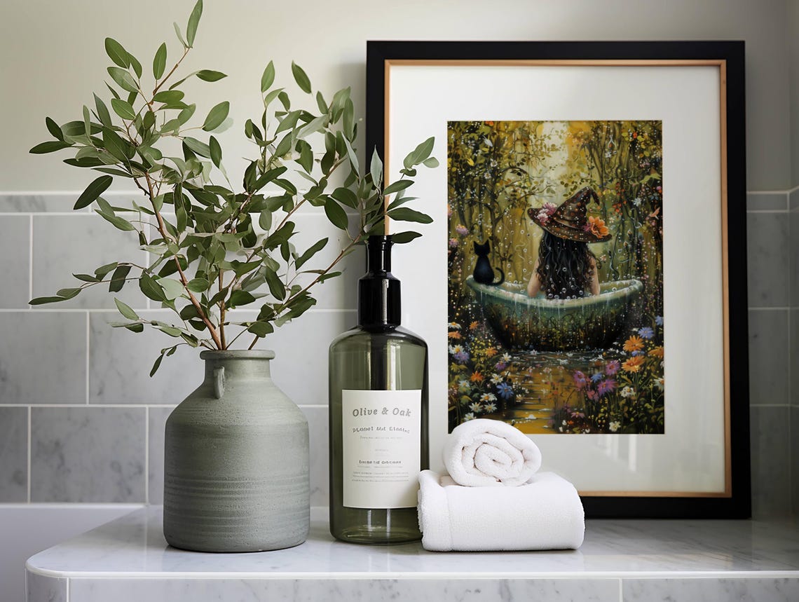 Witch Bathing Outdoors in a Flower Garden With Her Black Cat Poster - Image 6