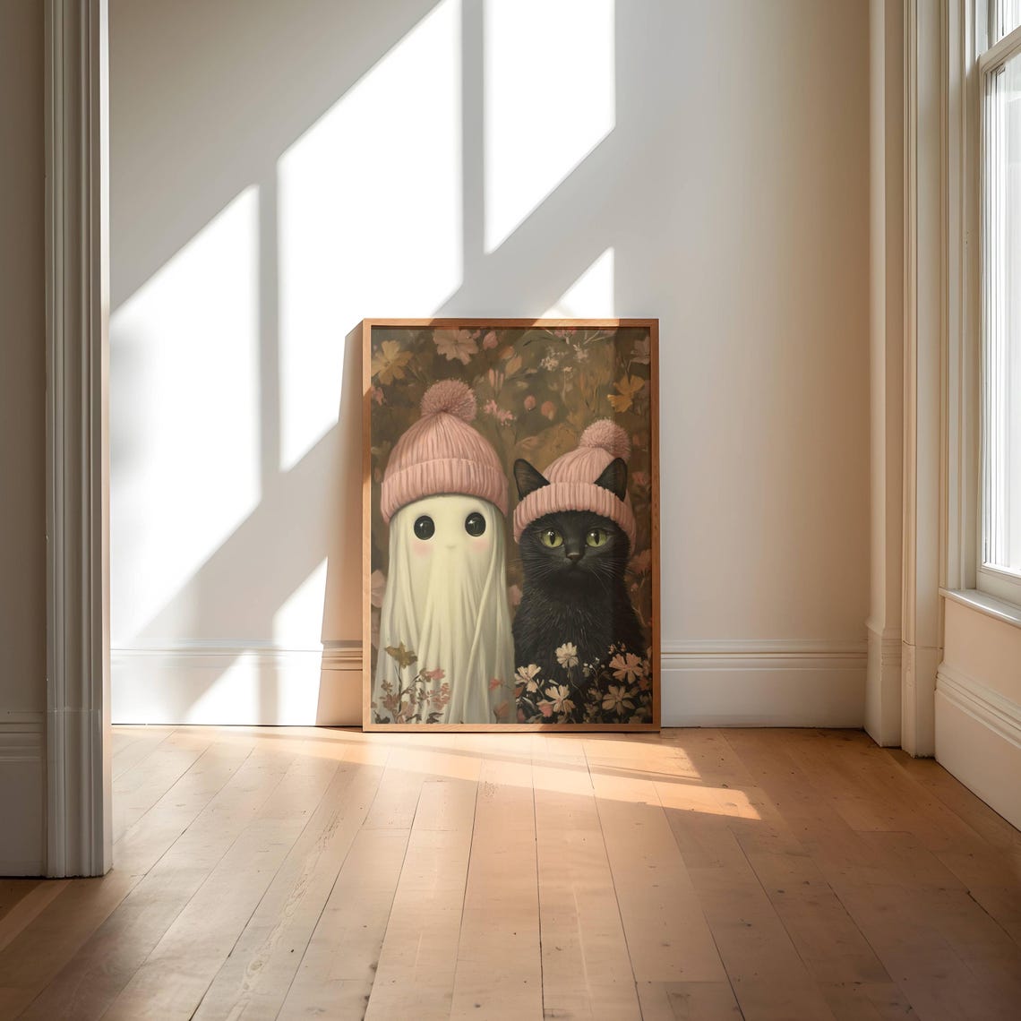 Ghost And Black Cat In Pink Winter Hats Cute Floral Art Poster - Image 4